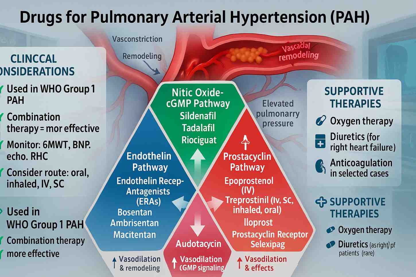 Pharmacologic agents for pulmonary hypertension management